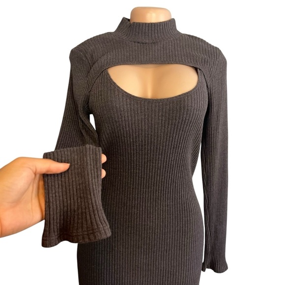 Anthropologie T.L.A Grey Mock Neck Cut Out Midi Dress - Picture 5 of 14